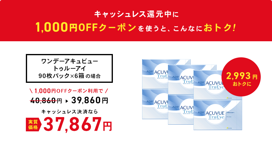 キャッシュレス還元中に1000円オフクーポンを使うとワンデーアキュビュートゥルーアイ 90枚パック（×6箱）がこんなにおトク！