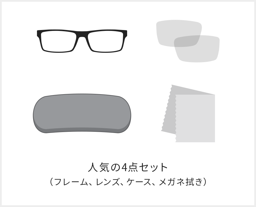 人気の4セット(フレーム、レンズ、ケース、メガネ拭き)