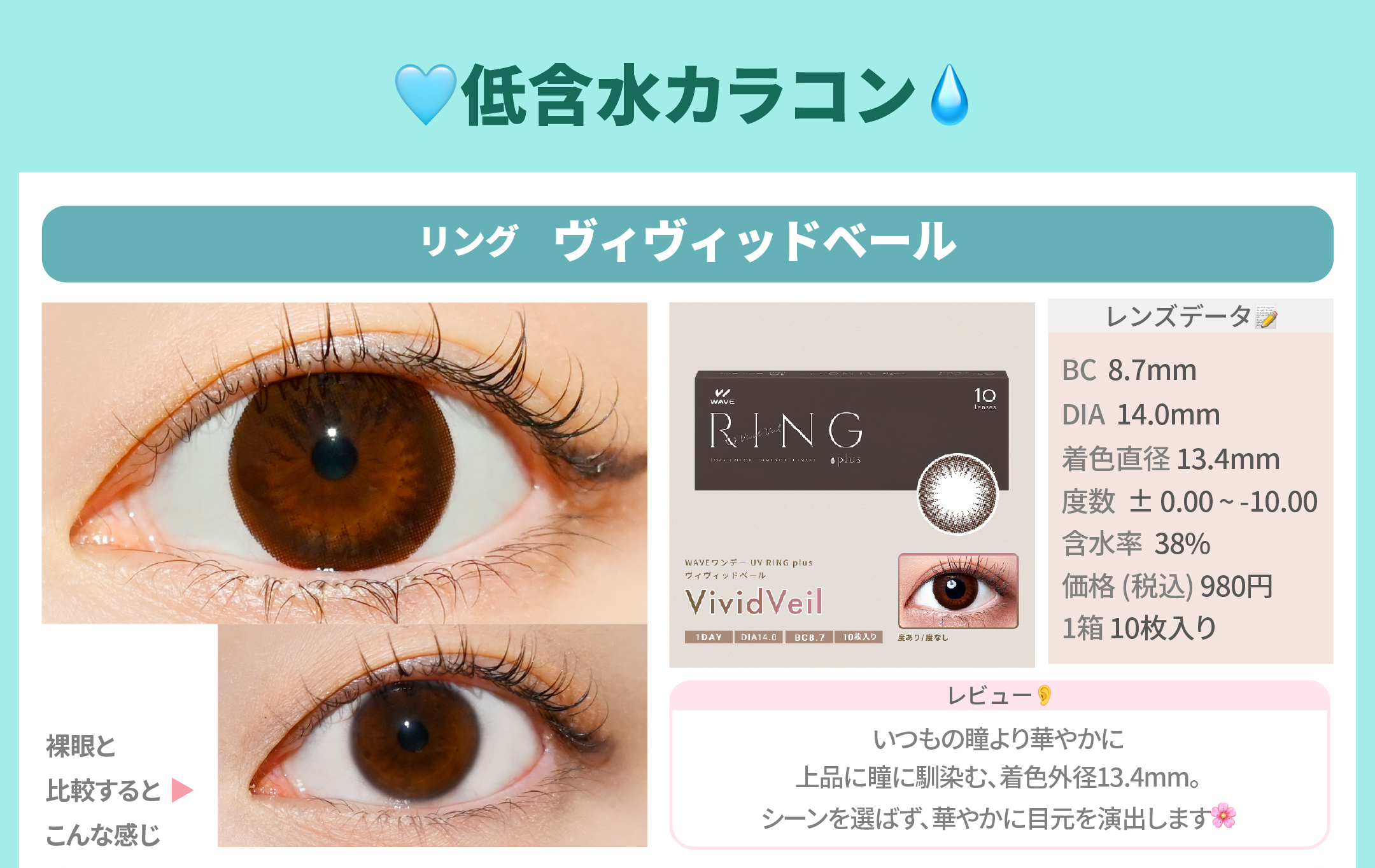 含水率別カラコン_スライド_WAVEワンデー UV リング plus ヴィヴィッドベール 10枚入り
