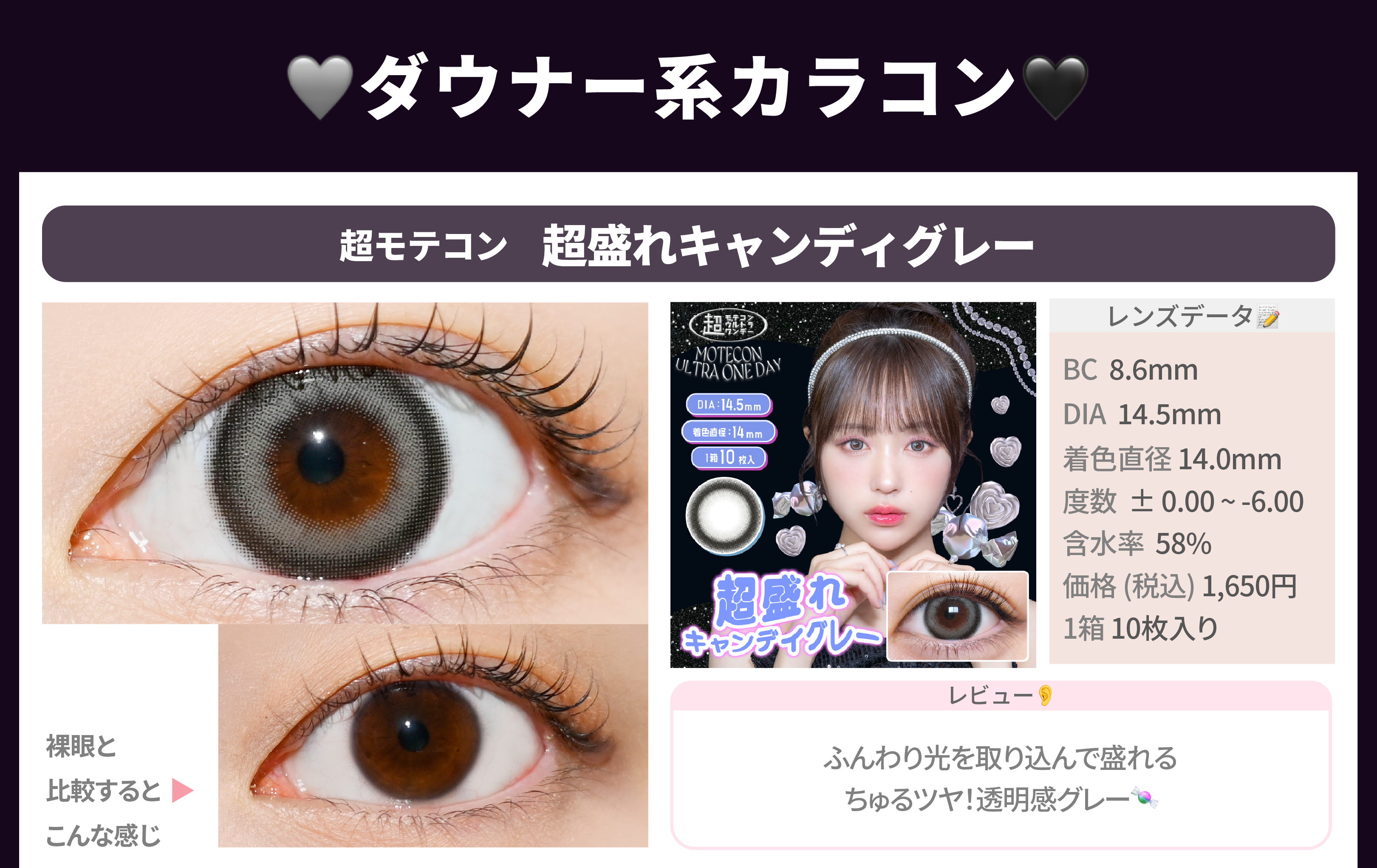 ダウナー系カラコン_スライド_超モテコン ウルトラワンデー 超盛れキャンディグレー 10枚入り