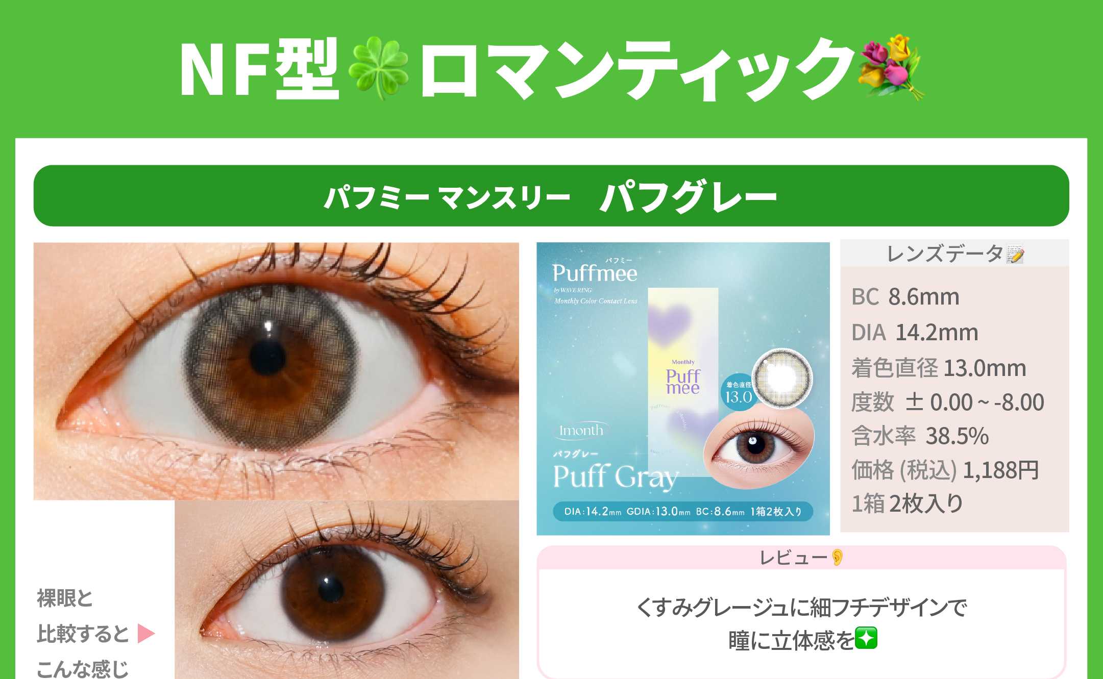 NF型だいたいこのカラコン_スライド_Puffmee(パフミー)マンスリー パフグレー 2枚入り