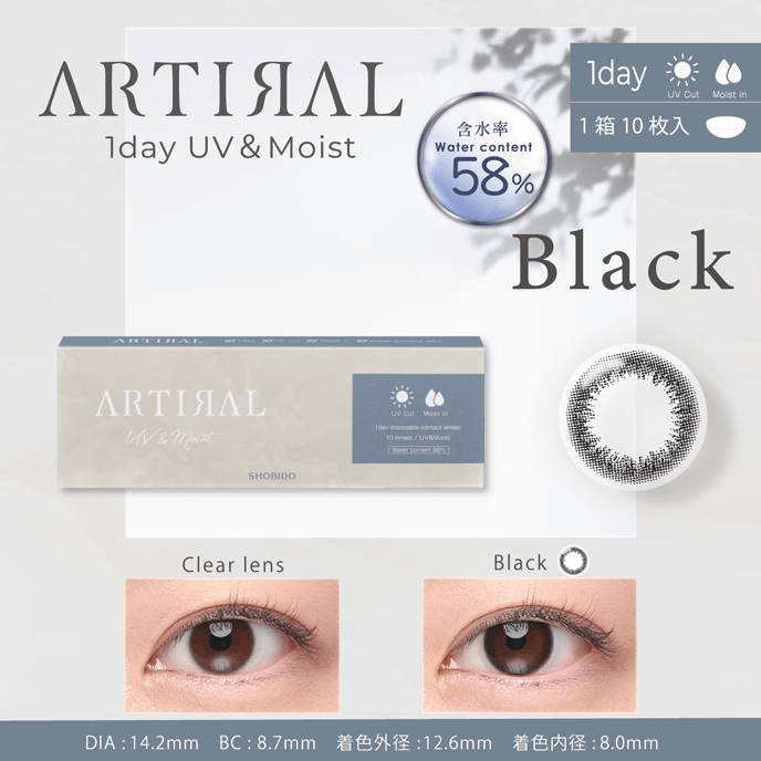 アーティラル ワンデー 58％ UV&MOIST ブラック 10枚入り（×8箱）